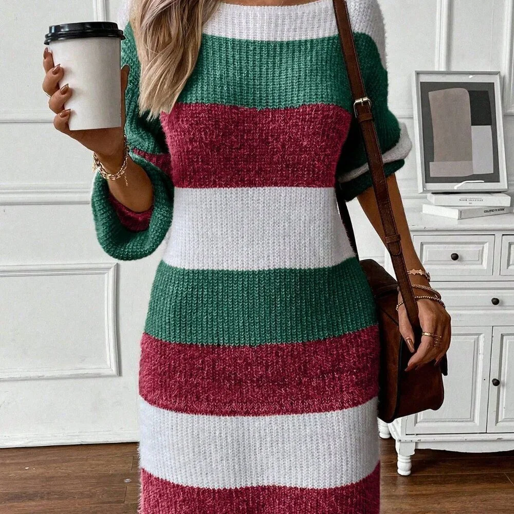 Multicolor Casual Women's Color lock Striped Lantern Sleeve Sweater Dress